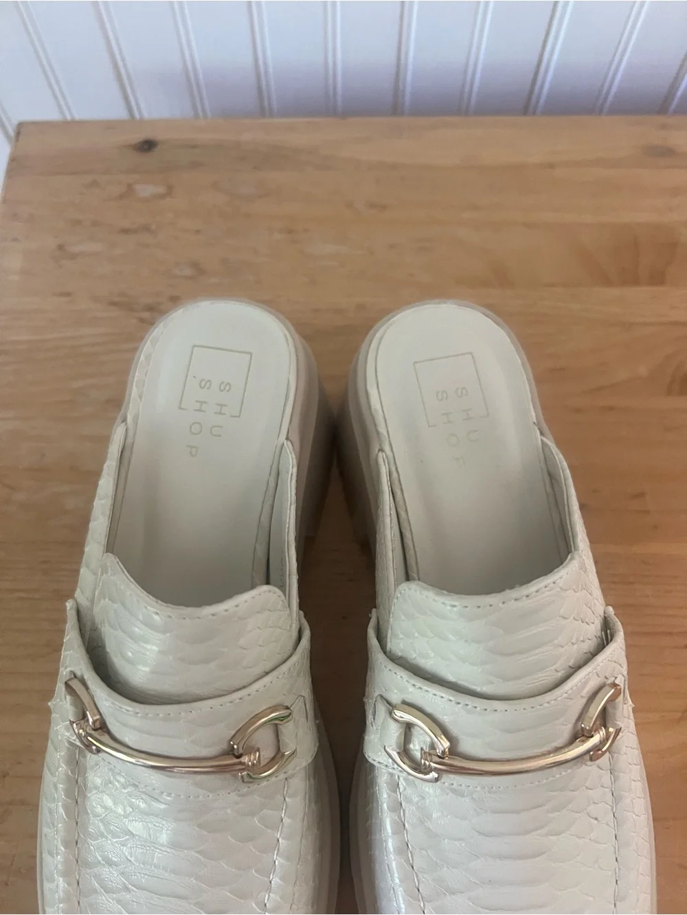 Shushop Audra Platform Mule Loafers‎ 8.5 Beige Snake Embossed Chunky Lug Sole
